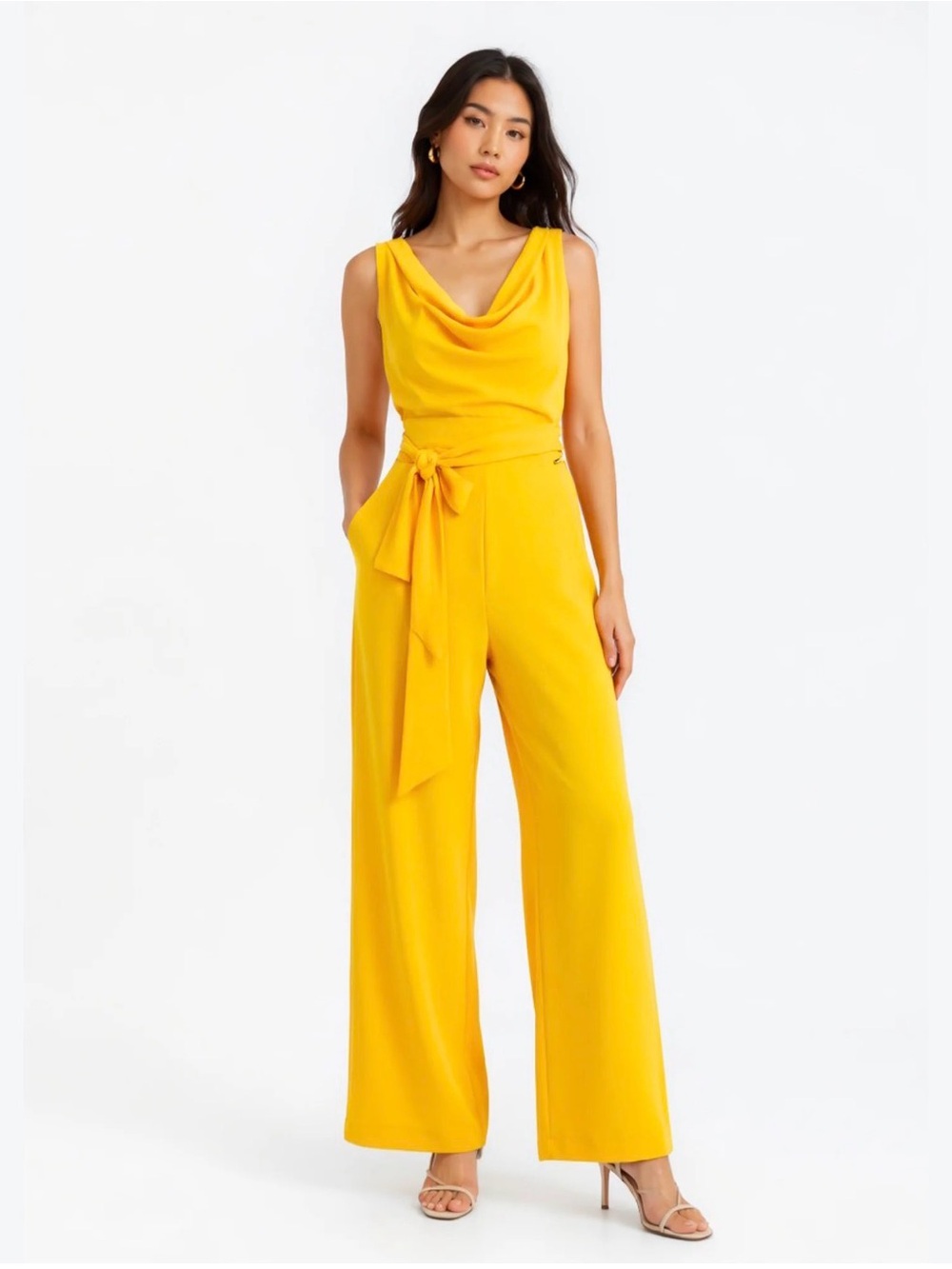 Lavish Alice Yellow Sleeveless Cowl-Neck Wide-Leg Jumpsuit